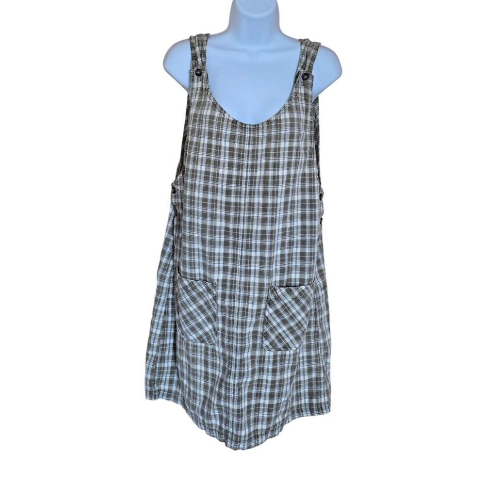 Button-Front Plaid Linen-Cotton Jumper Dress Pockets cottagecore boho vintage